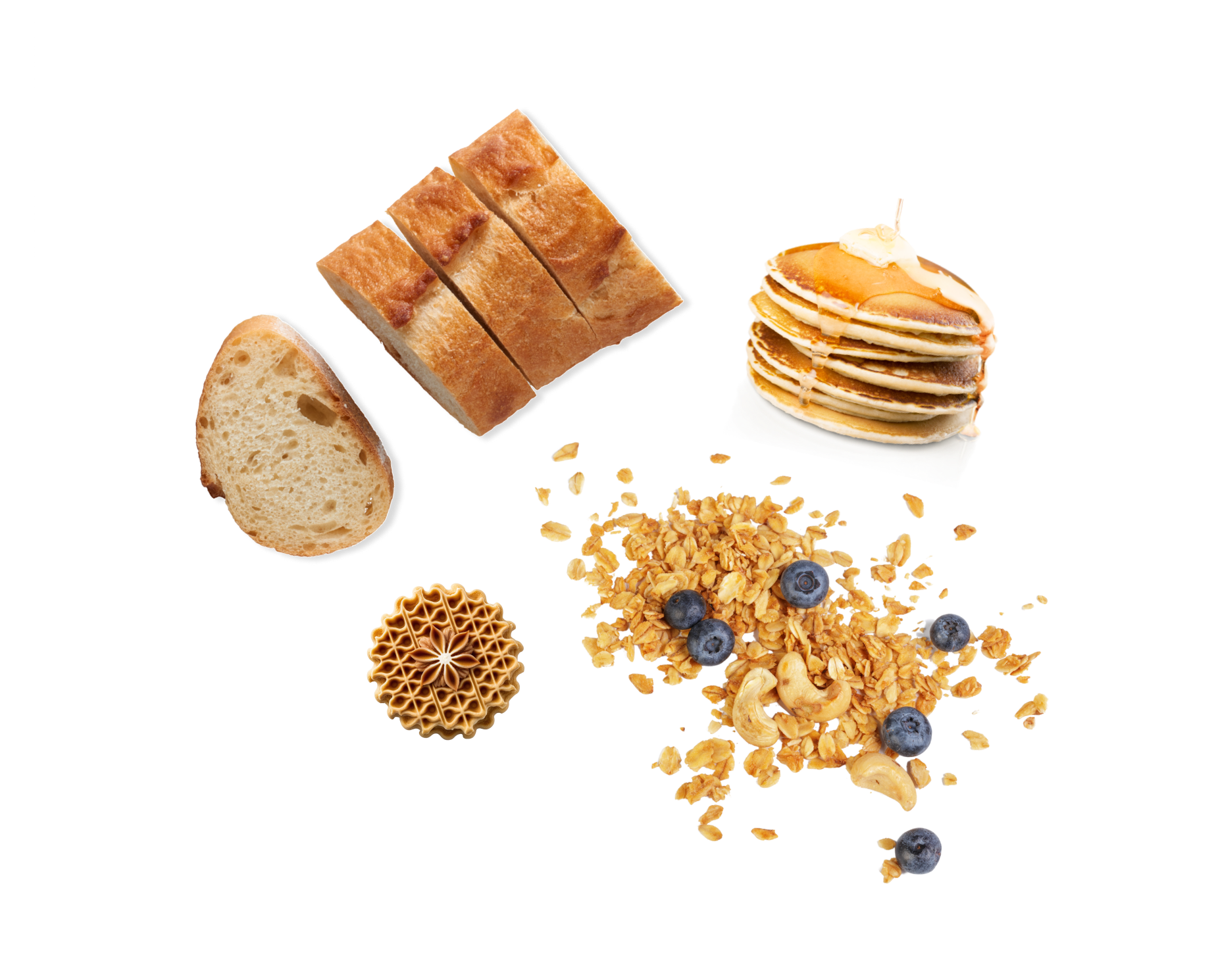 Baked goods such as bread, pancakes, waffles, grains, cashews, and blueberries are featured.