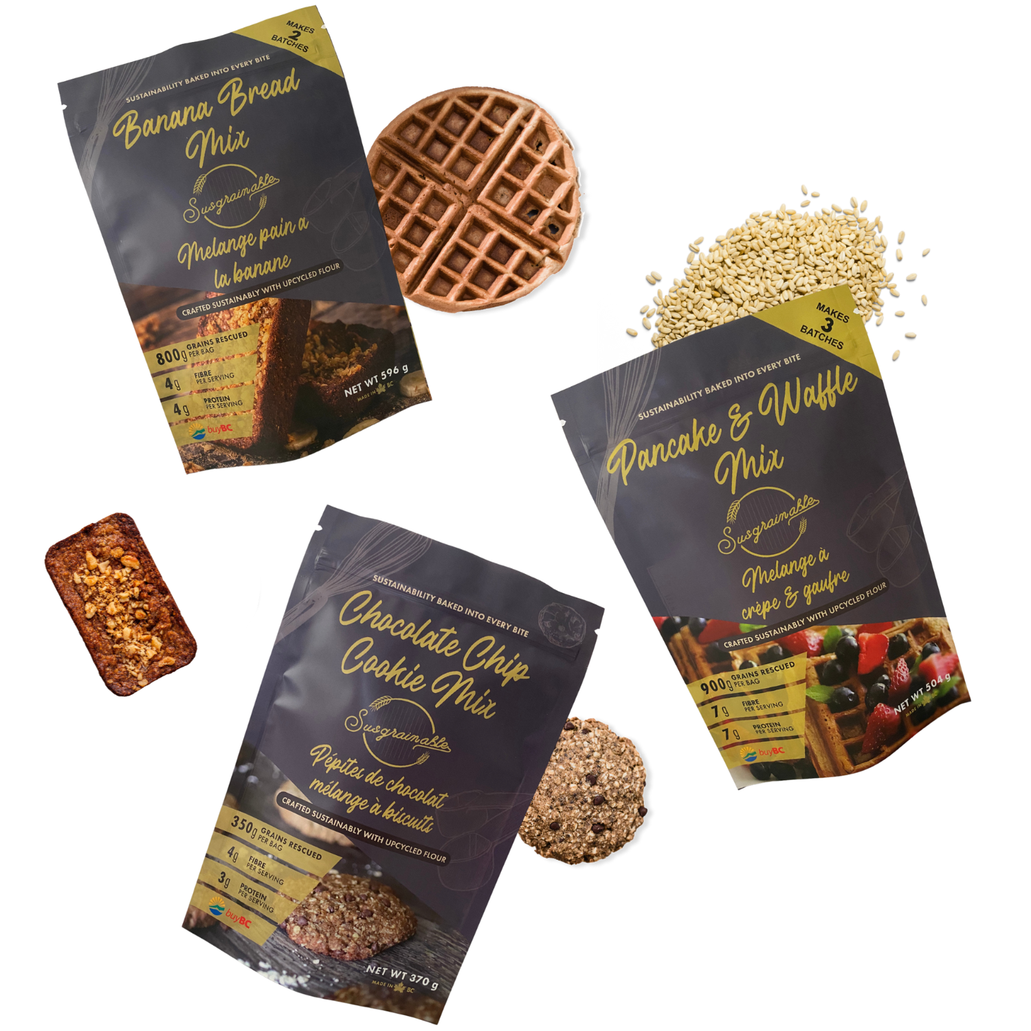 Collage of Susgrainable's Banana Bread Mix, Chocolate Chip Cookie Mix, Pancake & Waffle Mix with baked goods including a cookie, spent grain, a pancake, and a banana bread