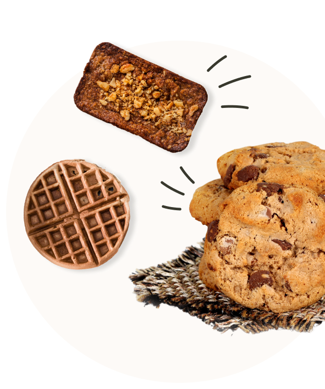 Group collage of a pancake, banana bread, and batch of chocolate chip cookies.