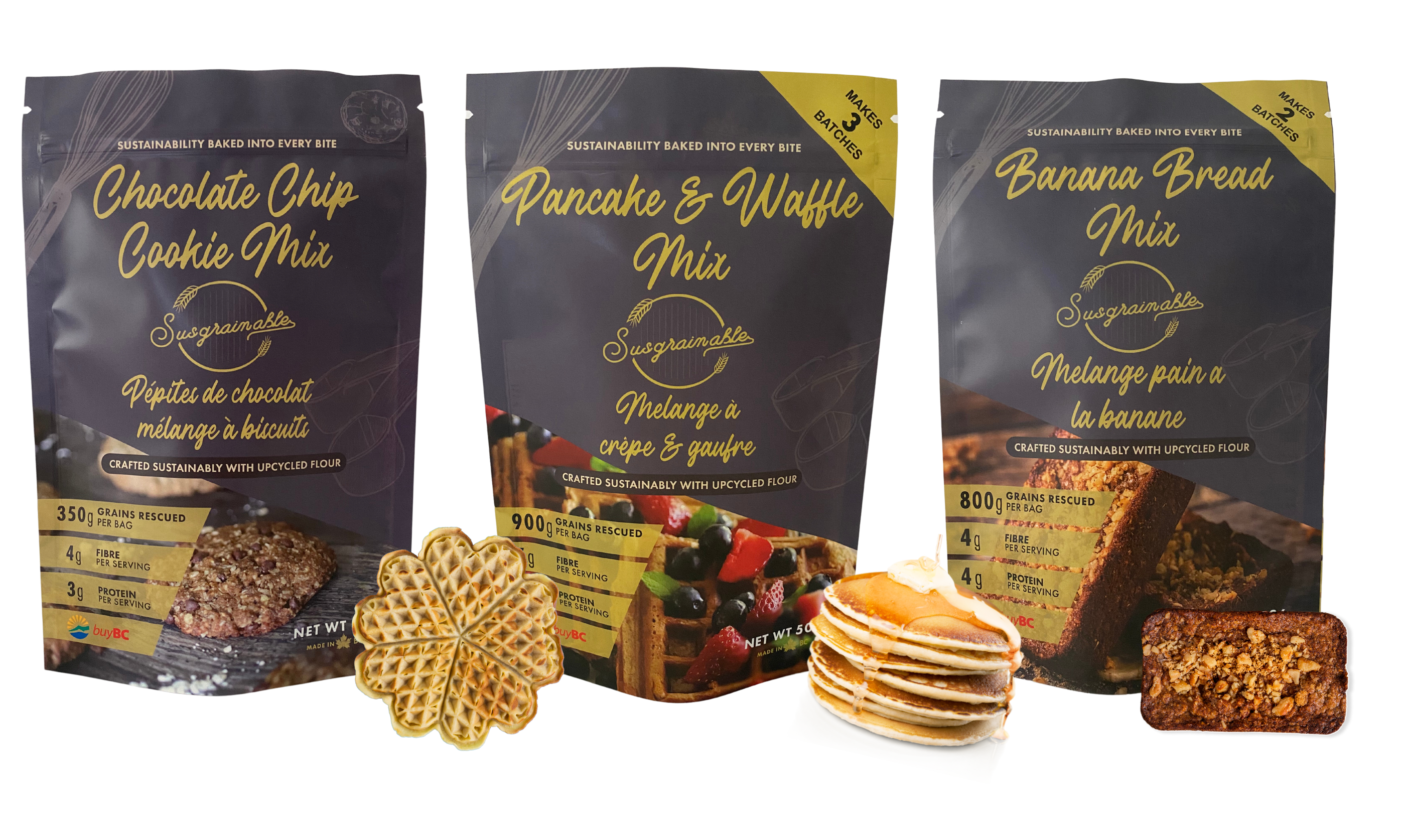 Susgrainable's chocolate chip cookie mix, pancake & waffle mix, and banana bread mix with a pancake, waffle, and banana bread overlayed over the mixes.