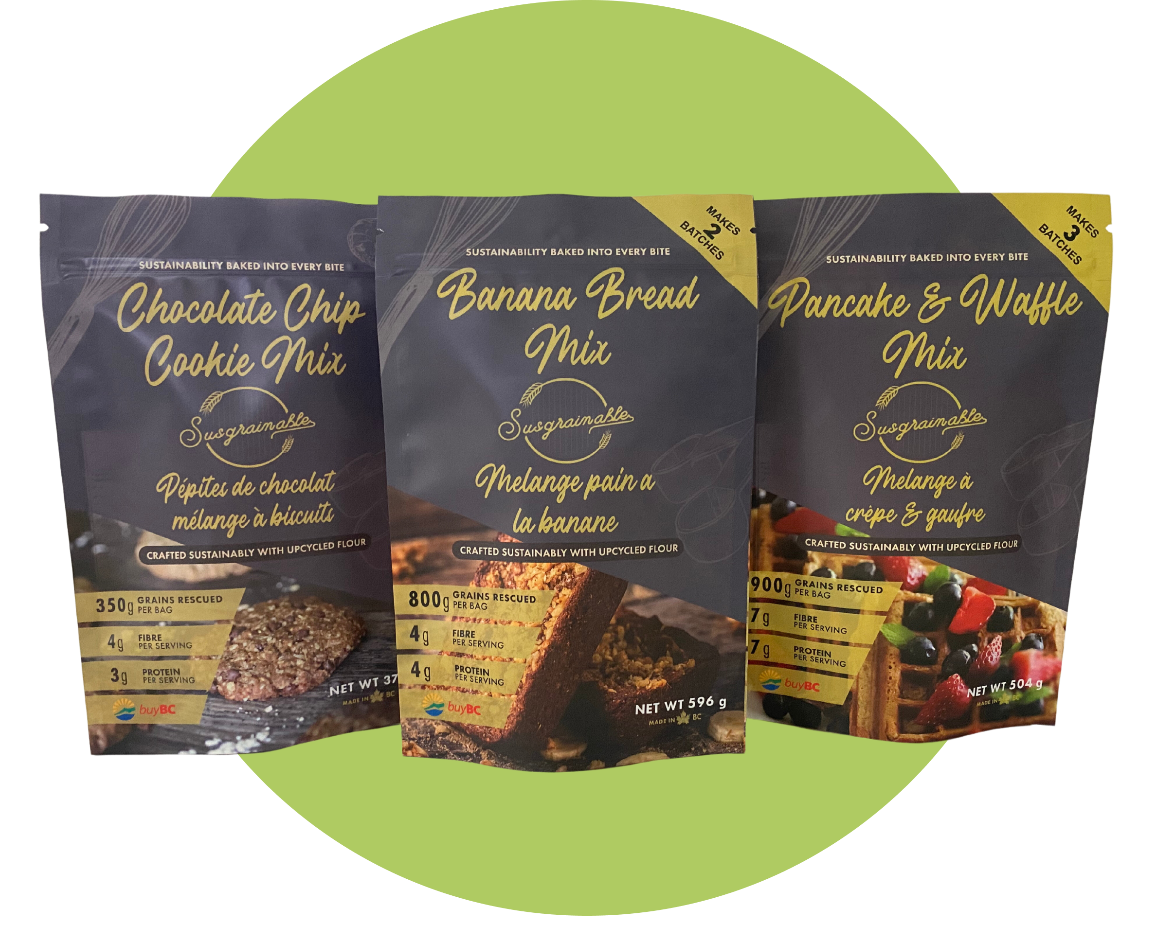 Susgrainable's chocolate chip cookie mix, banana bread mix, and pancake and waffle mix showcased over a green circle background.